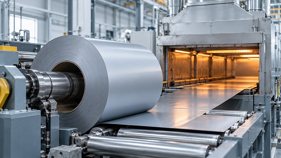 Coated metal coil moving through a thermal baking line.
