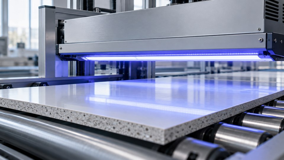 An unmarked coated panel under an industrial UV curing lamp.