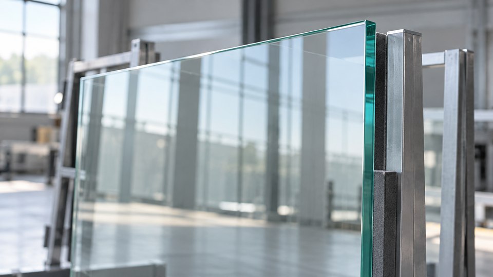 Clear glass sheets supported upright in a plain industrial frame.