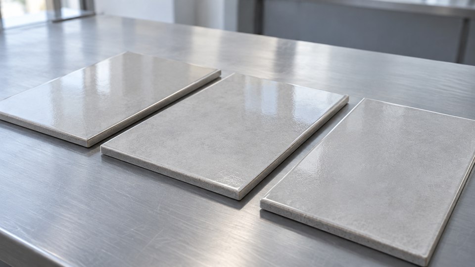 Plain pale ceramic tiles with coated surfaces on a metal worktable.