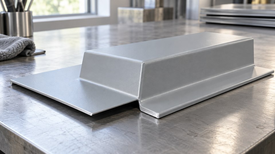 A folded metal sample panel with a light-gray coating on a clean workbench.