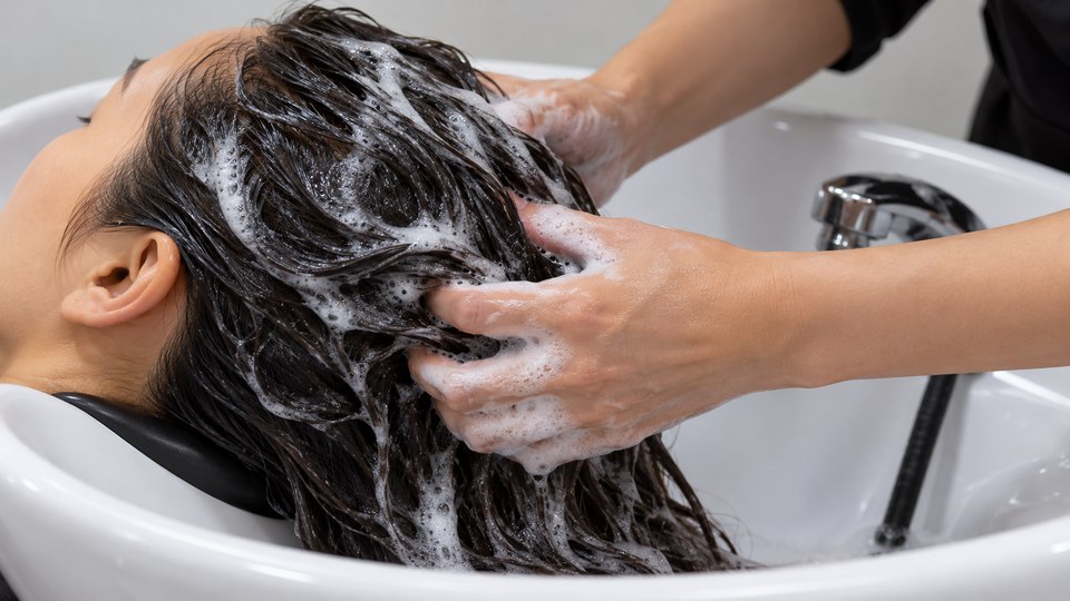 Unbranded salon hair-washing scene with gentle cleansing foam.
