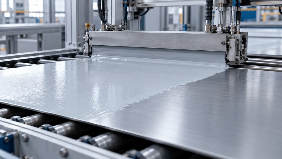Waterborne coating spread across a metal panel on an industrial line.
