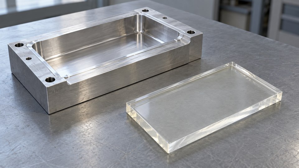 A transparent cured resin plaque beside an open aluminum mold.