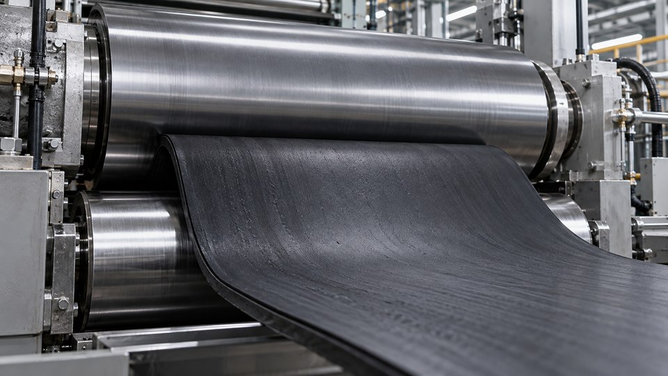 Unmarked rubber tread sheet passing through industrial mixing rollers.