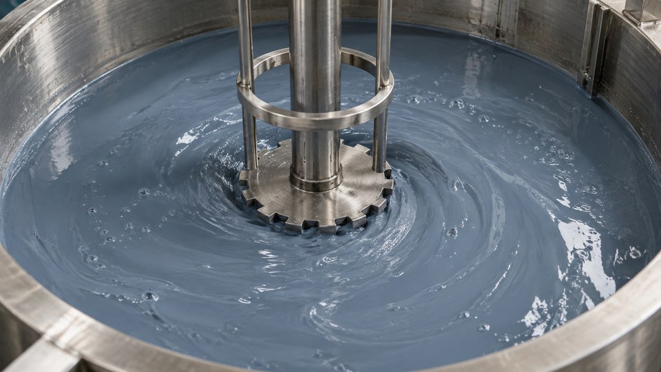 A dispersing disc mixing blue-gray waterborne pigment dispersion in a fixed steel process vessel.