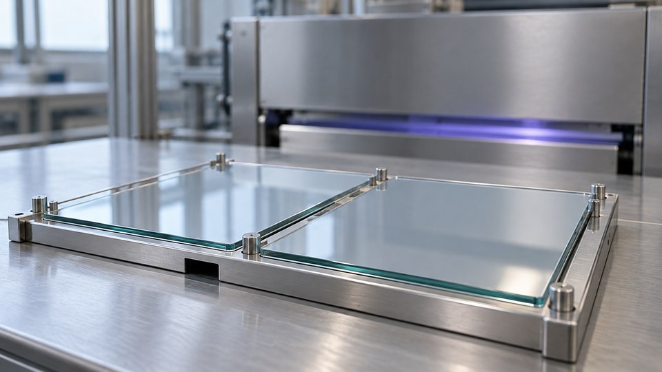 Coated glass panels in a metal carrier beside enclosed UV-curing equipment.