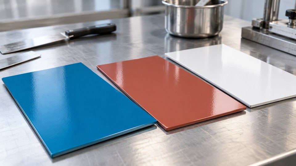Blue, terracotta and white coated sample panels on a stainless work surface.