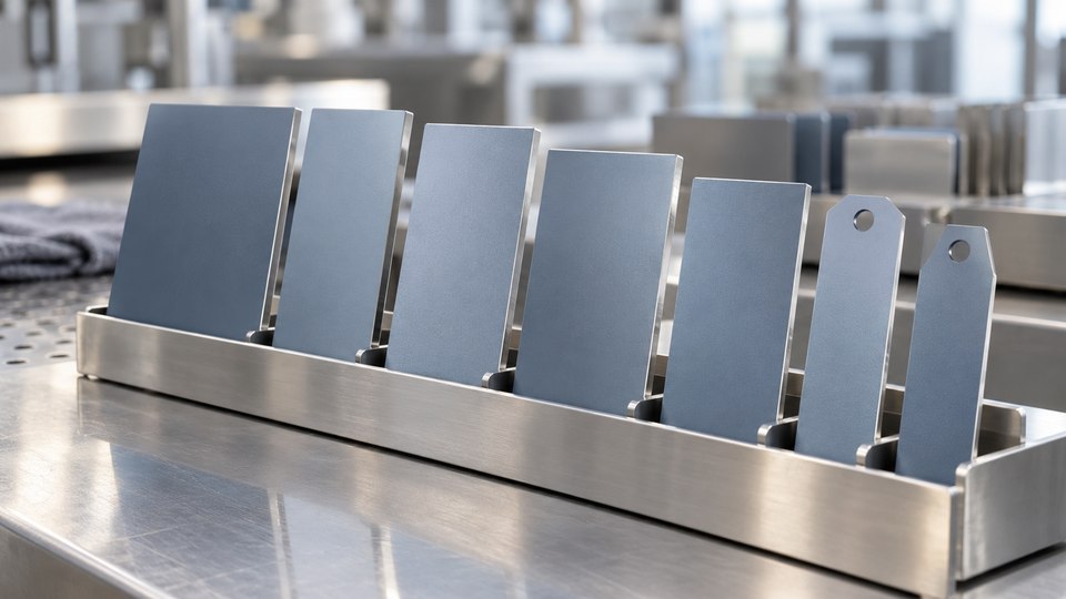 Coated metal plates and tabs held upright in an unmarked industrial rack.