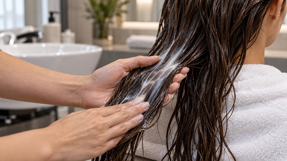 Hair conditioner being worked through long hair in an unbranded salon setting.