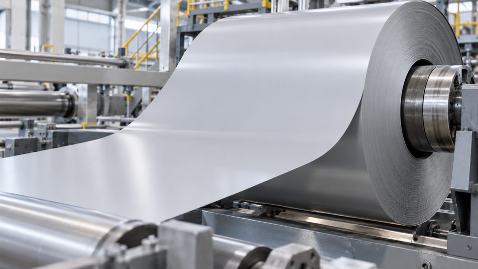 A pale coated metal strip unwinding from a wide steel coil on an industrial line.