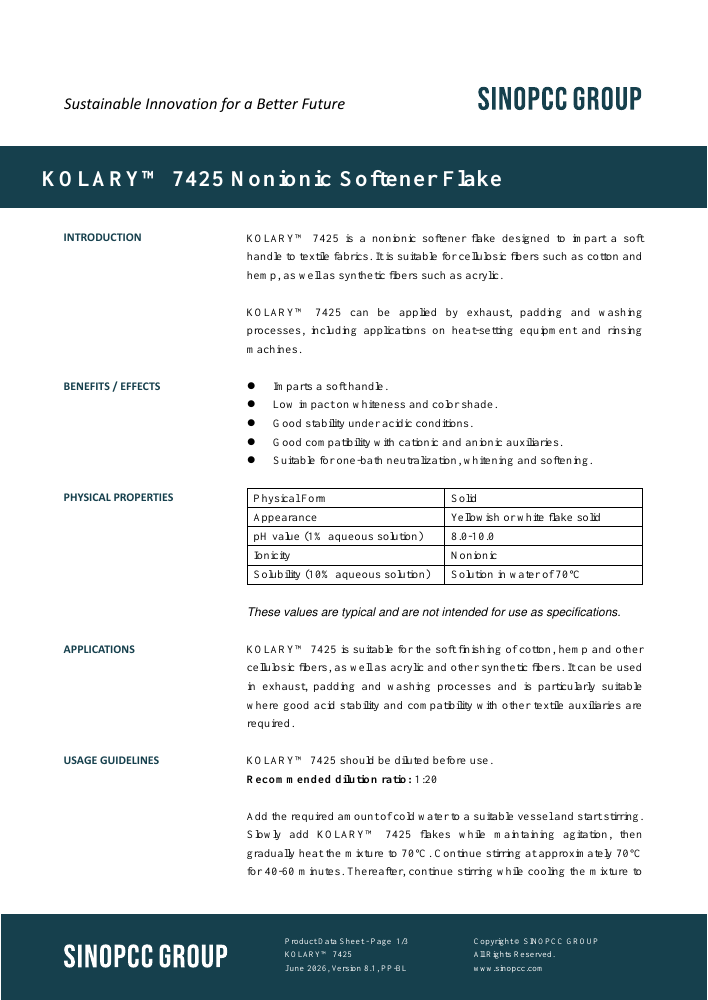 KOLARY™ 7425 original TDS first-page preview